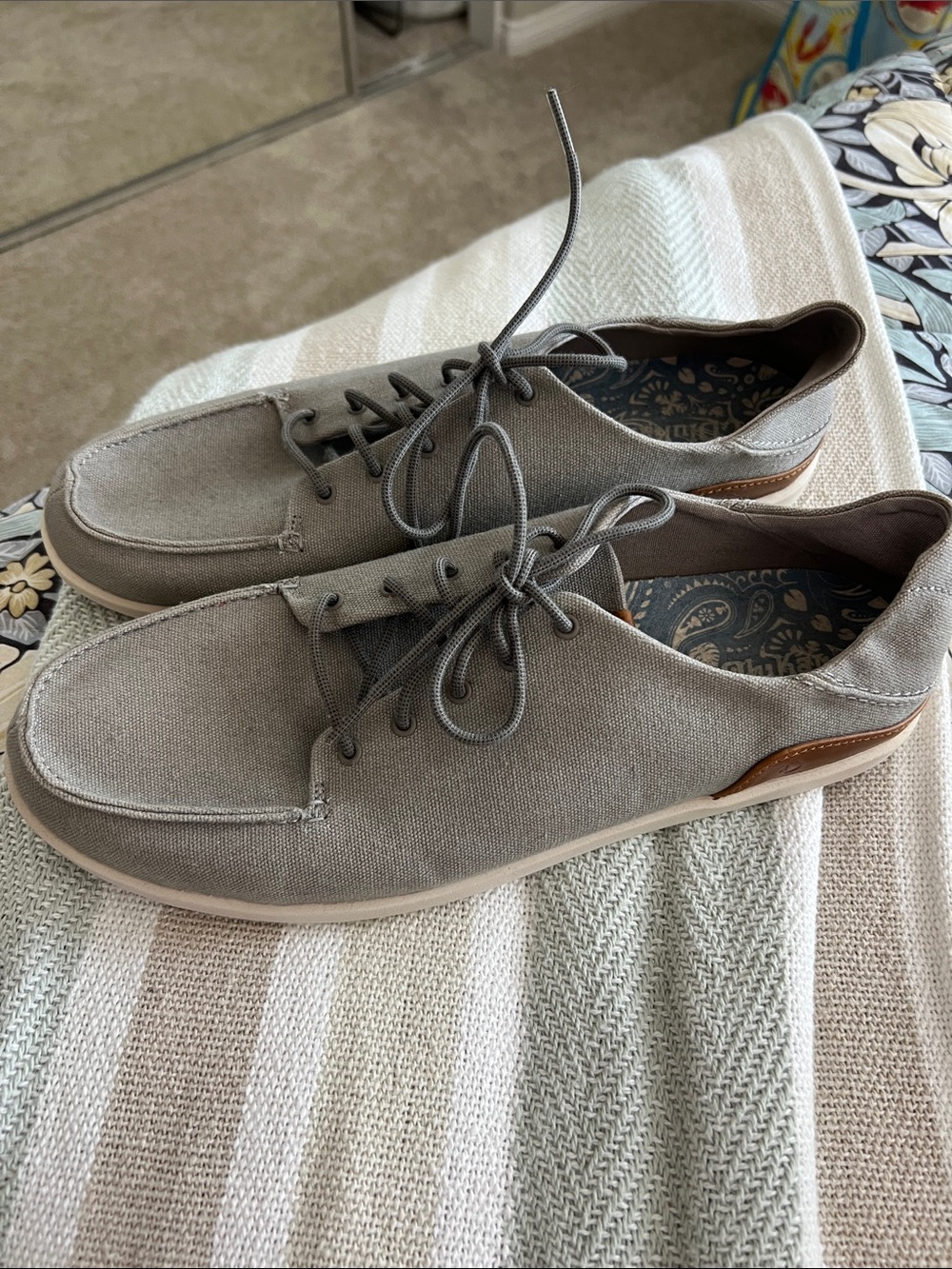 NWOT OluKai Manoa Men's GRAY Canvas Lace-Up Casual SHOES SIZE 12